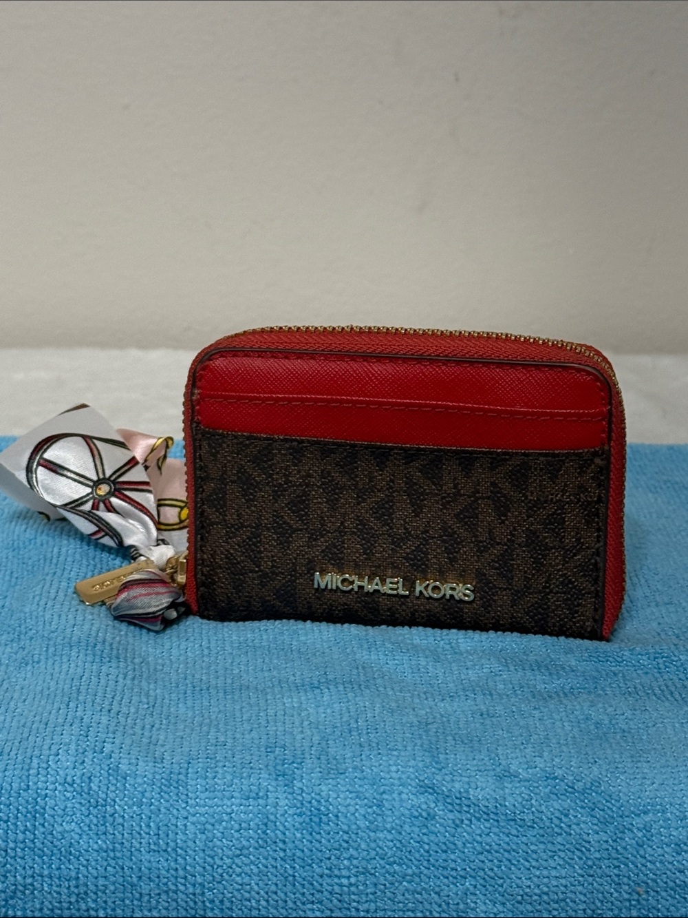 Michael Kors Red and Brown MK Zip Card Holder